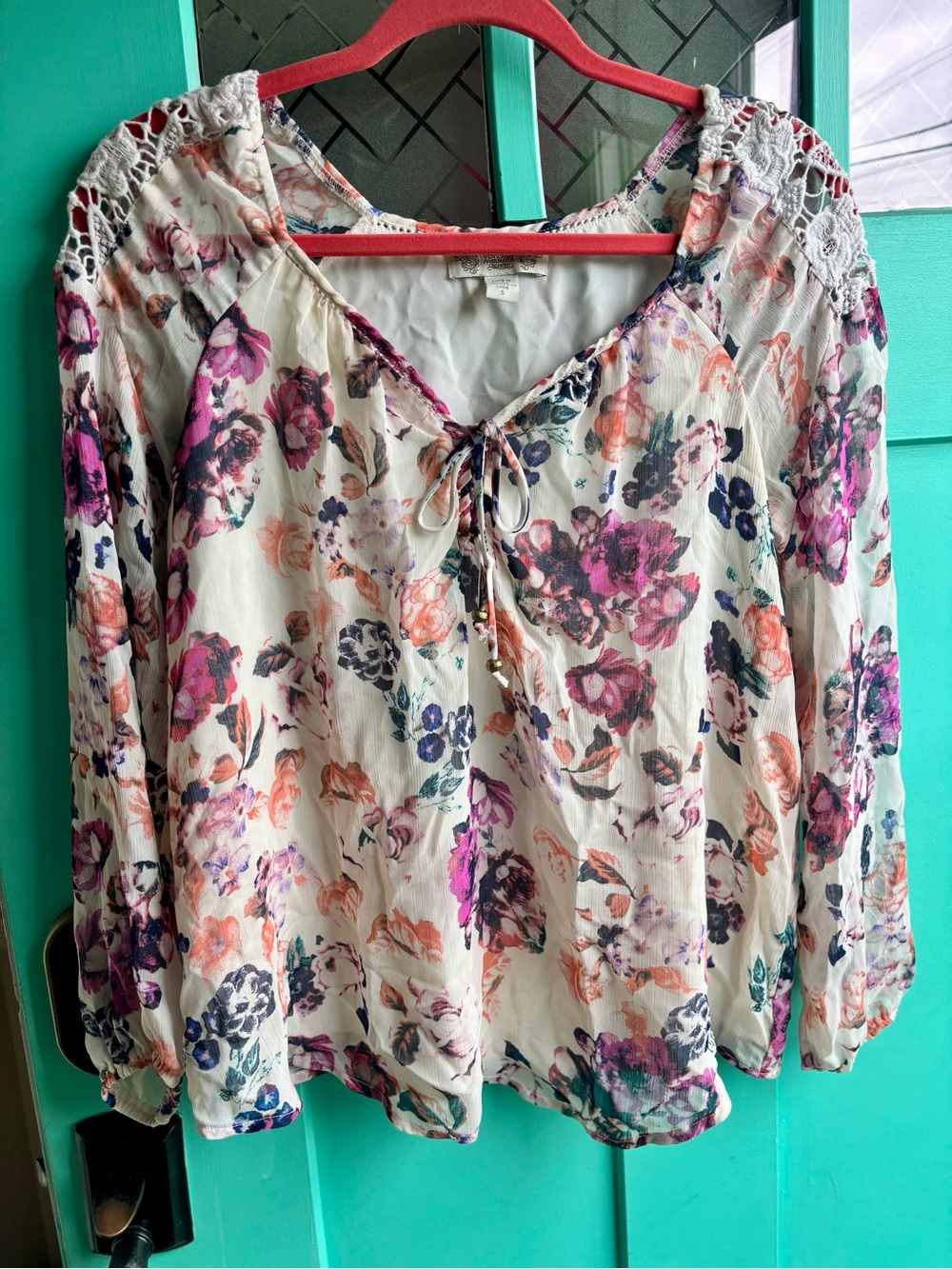 Vintage America Cream Peasant Blouse with Pink & Purple Floral Print